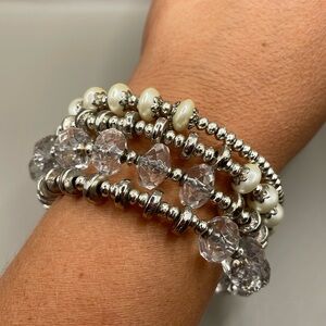 Vintage Silver Tone White Beaded Bangle Cuff Statement Bracelet